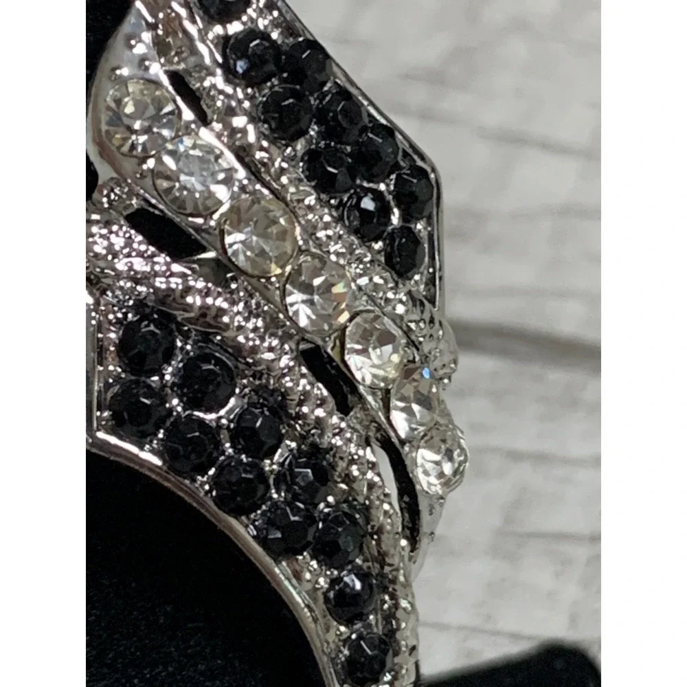 Silver Tone Black and Clear Rhinestone Shield Cocktail Ring Size 5.25